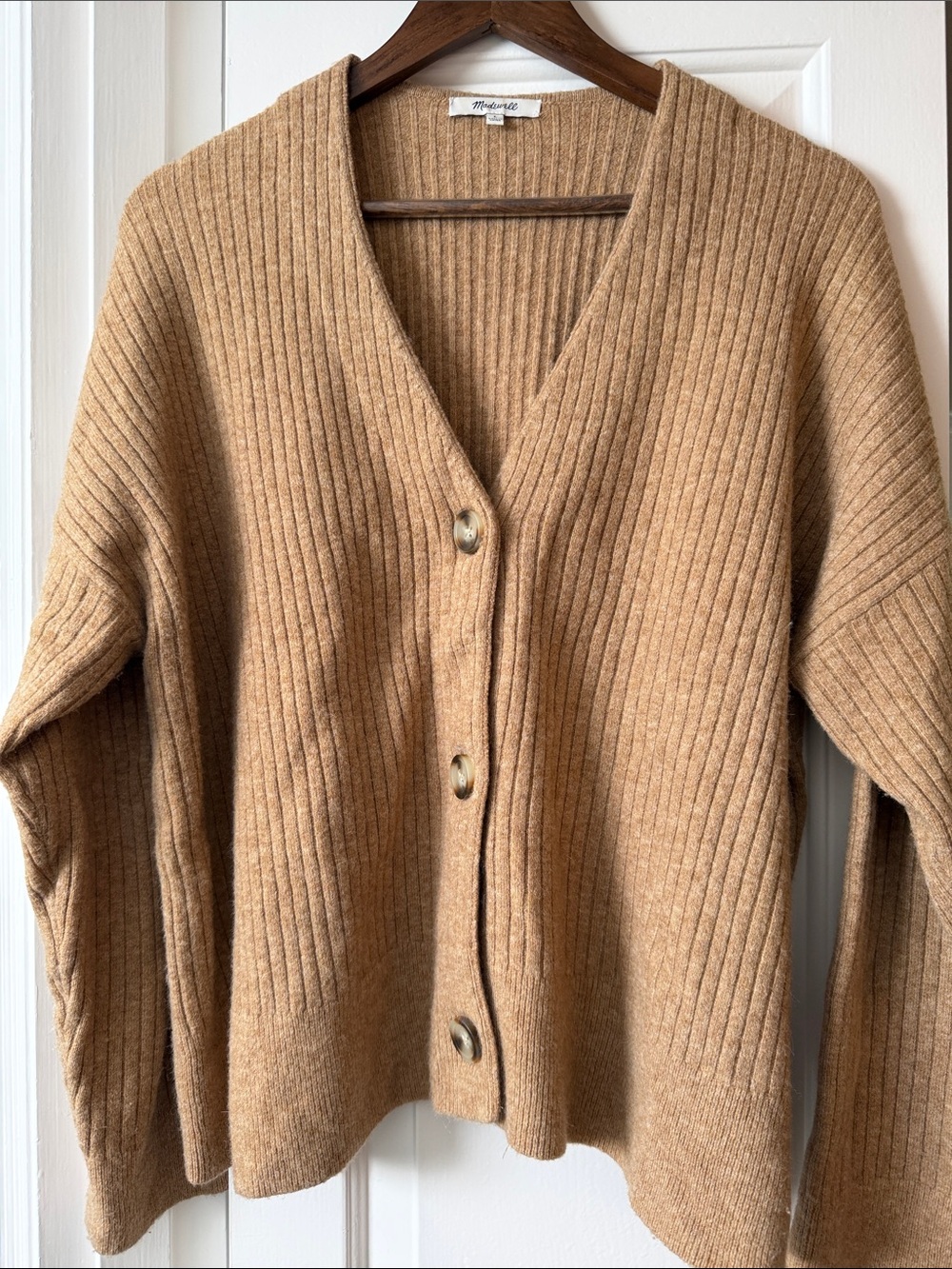 Madewell Camel Ribbed V-Neck Button Cardigan
